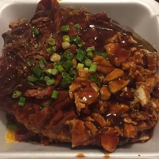 3-meat loaded bbq baked potato (chicken, spicy sausage links &amp; brisket)