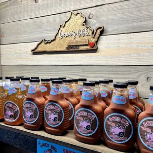 a display of barbecue sauces