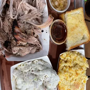 Amazing smoked pulled pork, ranch pasta salad and the best corn pudding you will ever devour.