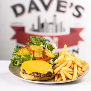 a cheeseburger and fries