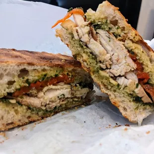 Chicken pesto sandwich on focaccia, grilled