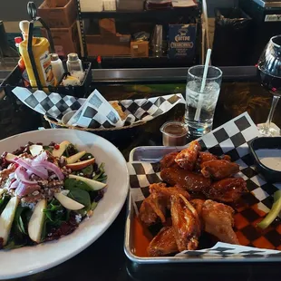 Chicken wings with 2 different sauces and pear salad!