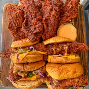 a platter of fried chicken sandwiches