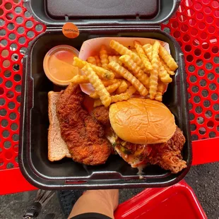 Chicken strip one slider and Half and Half with Fries.