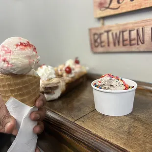 Banana Split, double scoop waffle cone, and single scoop
