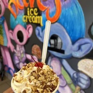 Single Sundae $6.65 [Sundae = Whipped Cream, Nuts, Cherry]