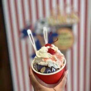 a hand holding a cup of ice cream