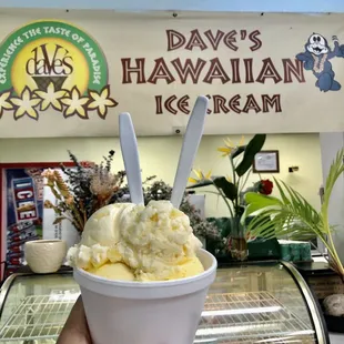 Triple Scoop of Mango, Lemon Custard, Ube on bottom