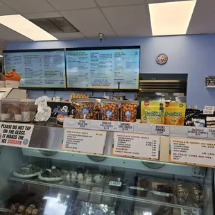 Snacks. Different kinds of ice cream in show case.