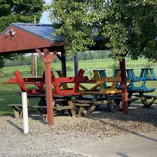 a picnic table and chairs under a tree