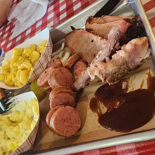 Ribs, sausage, and brisket.