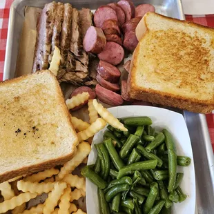 2 meat plate with green beans and fries. Sausage and brisket were superb.