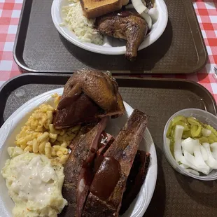 Smoked ribs,smoked brisket,smoked chicken, mash potatoes, smoked Mac n cheese