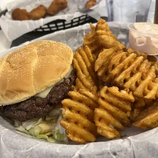 a hamburger and fries