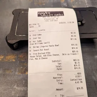 Our receipt for three people.