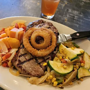 Ribeye with sides of clabacitas &amp; sweet potatoes. Dee-licious!