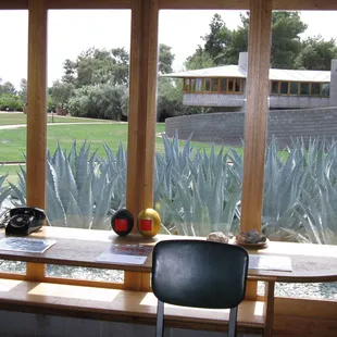inside Small House where tour begins, looking out towards Main House