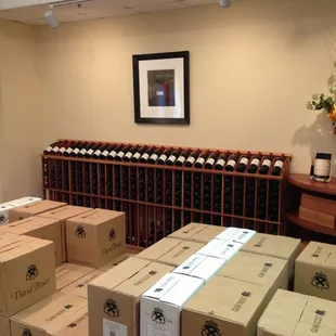 boxes of wine in a wine cellar