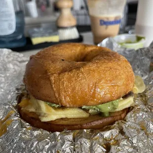 Egg and cheese sandwich with barbacoa and salsa verde