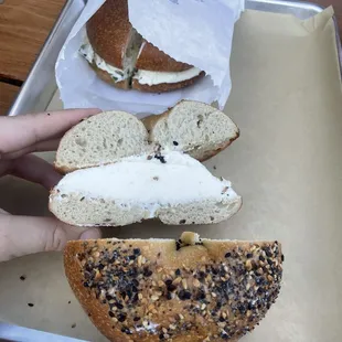Everything bagel with plain cc (bottom) Plain bagel with scallion cc (top)