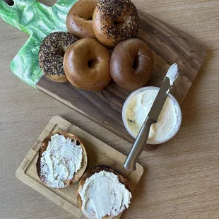 Half dozen bagels: two plain, two everything, one rye and one jalapeño cheddar + plain cream cheese!