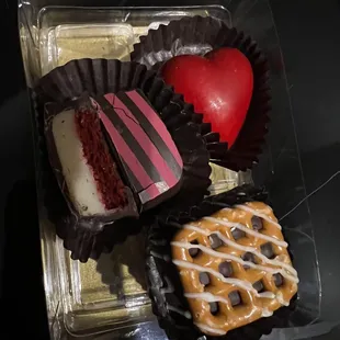 Red velvet, raspberry heart and caramel pretzel