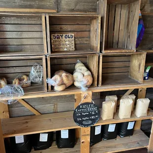Day old pastries and bagels for sale. Also COFFEE!