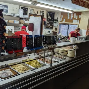 a view of a restaurant counter
