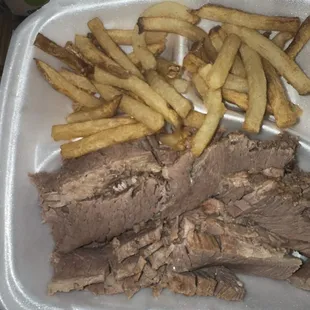 Sliced Brisket and French Fries