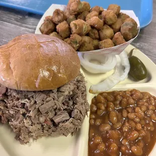 Chopped Beef Sandwich, baked beans, fried okra.