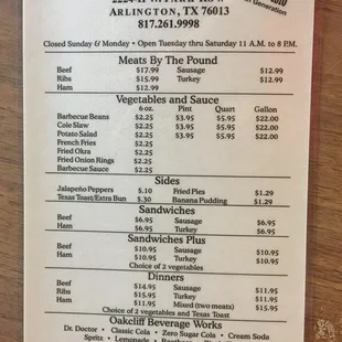 Menu as of June 2021