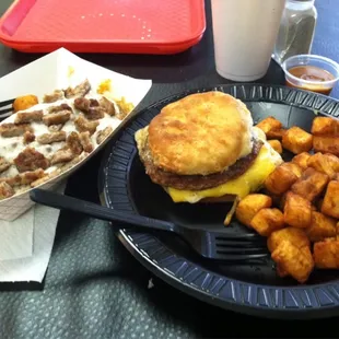 David&apos;s scrambler and sausage egg and cheese biscuit with home fries!