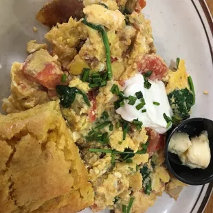 Their special - tomato spinach feta potato scramble yummy.  I added their fabulous Jalapeno Corn Bread