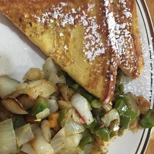 Special raspberry stuffed french toast with potatoes