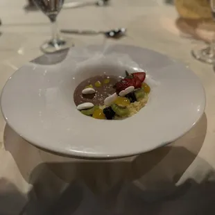 This was an off menu item. It was a chocolate mousse with fruits and meringue.
