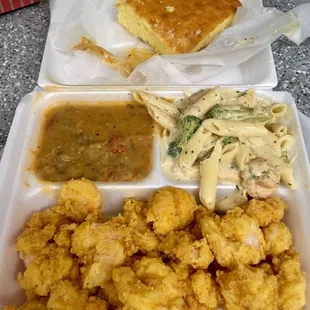 Fried shrimp, etouffee, &amp; shrimp fettuccine w/ cornbread.