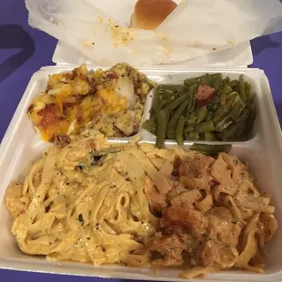 Shrimp pasta with two sides and a roll. Was excellent and enjoyed every bit of it.