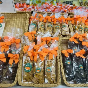 a variety of chocolates in baskets