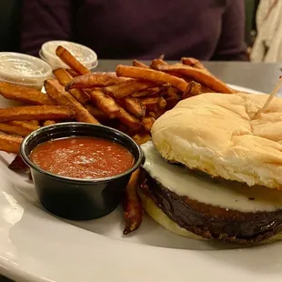 Eggplant Parmigiana sandwich with sweet potato fries