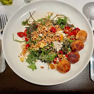 a plate of salad with scallops