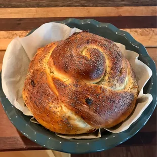 Fresh baked round raisin challah