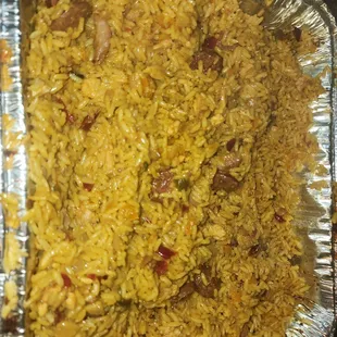 a pan of rice and sausage