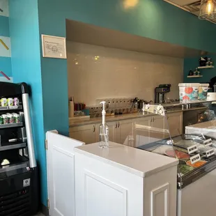 a counter and a refrigerator