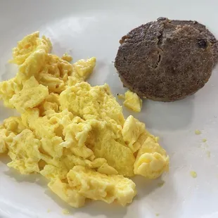 Scrambled eggs and hot sausage
