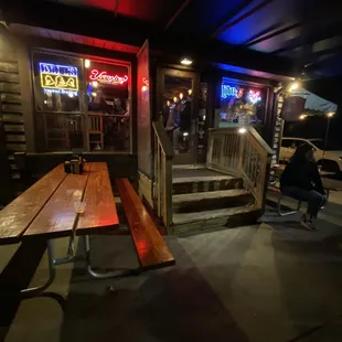wooden table and benches