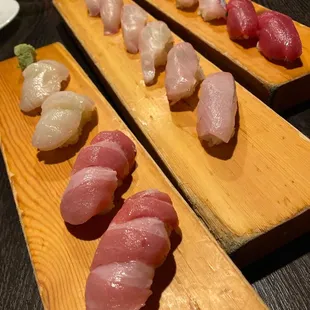 Scallop and fatty tuna in the front are amazing