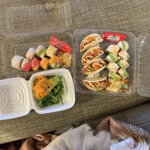 Rainbow Roll, Spicy Tuna Taco, Seaweed Salad