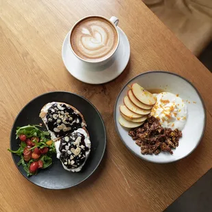 Ricotta Toast, Stay Golden coffee, and Honey Apple Greek Yogurt &amp; Granola.