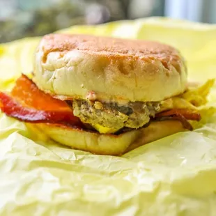 Twilight Tasty: Bacon and Sausage, Scrambled Eggs, Cheddar Cheese and Chili Mayo