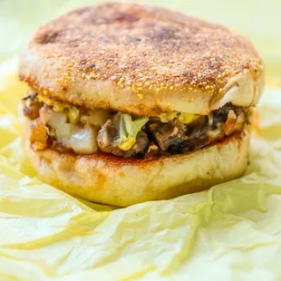 Solar Sando: Corned Beef Hash, Egg Cake, Swiss Cheese, and Maple Ketchup.